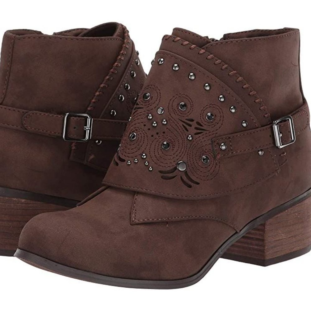Brown Studded Ankle Boots Size 6 Western Boho Buckle Booties Chunky Heel